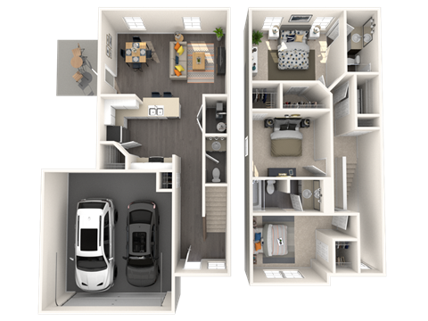 a floor plan of a two story apartment with a car in the garage